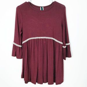 Lovely Souls Wine Red Bell Sleeve Tunic Top Contrast Boho Crochet Trim Small